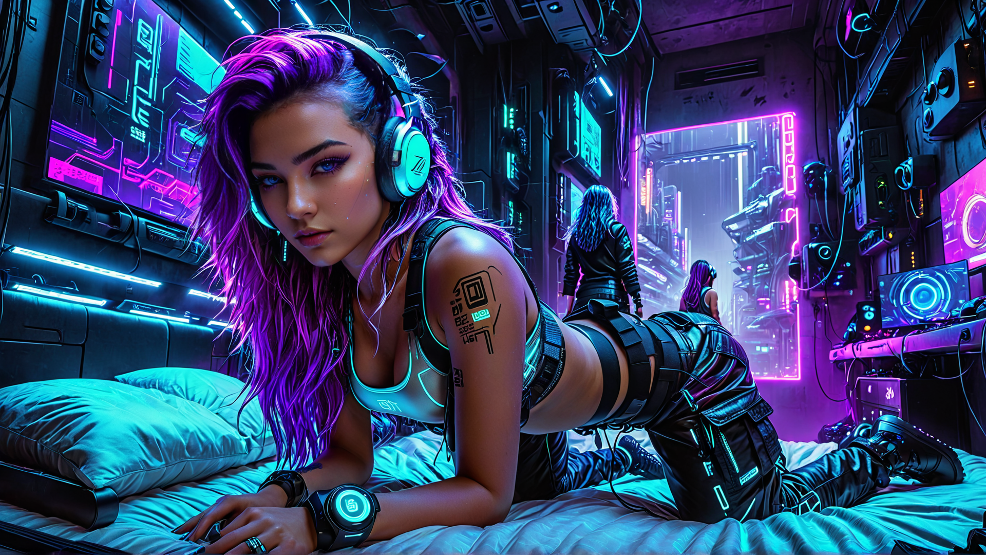 AI generated wallpaper featuring woman, cyberpunk, neon