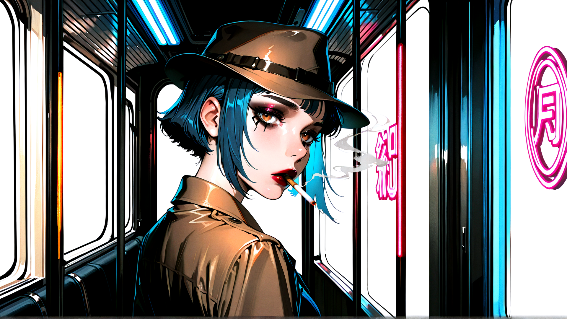 AI generated wallpaper featuring woman, hat, cigarette, train, neon
