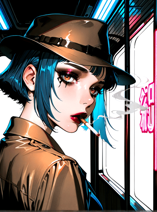 woman, hat, cigarette, train, neon