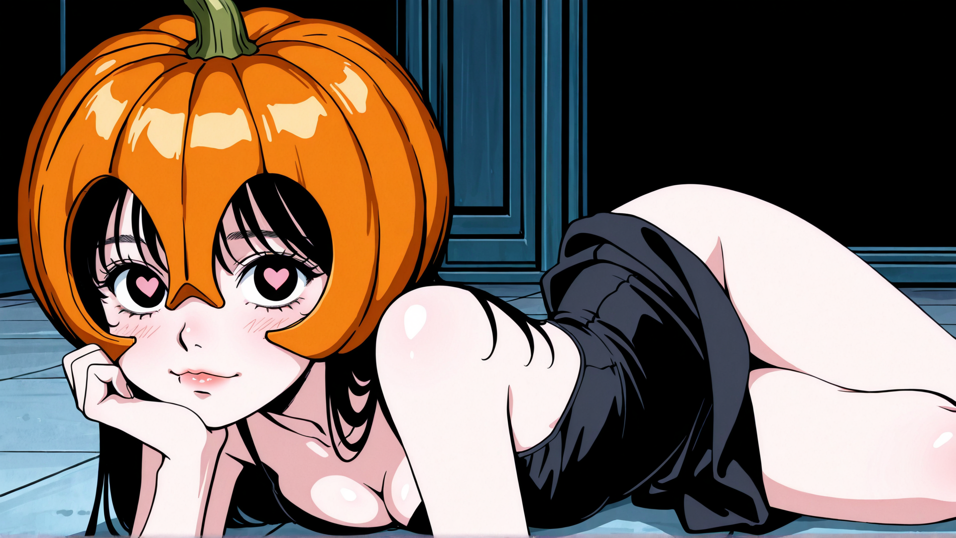 AI generated wallpaper featuring pumpkin, girl, halloween, girl, black dress, anime, character