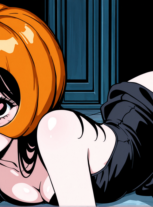 pumpkin, girl, halloween, girl, black dress, anime, character