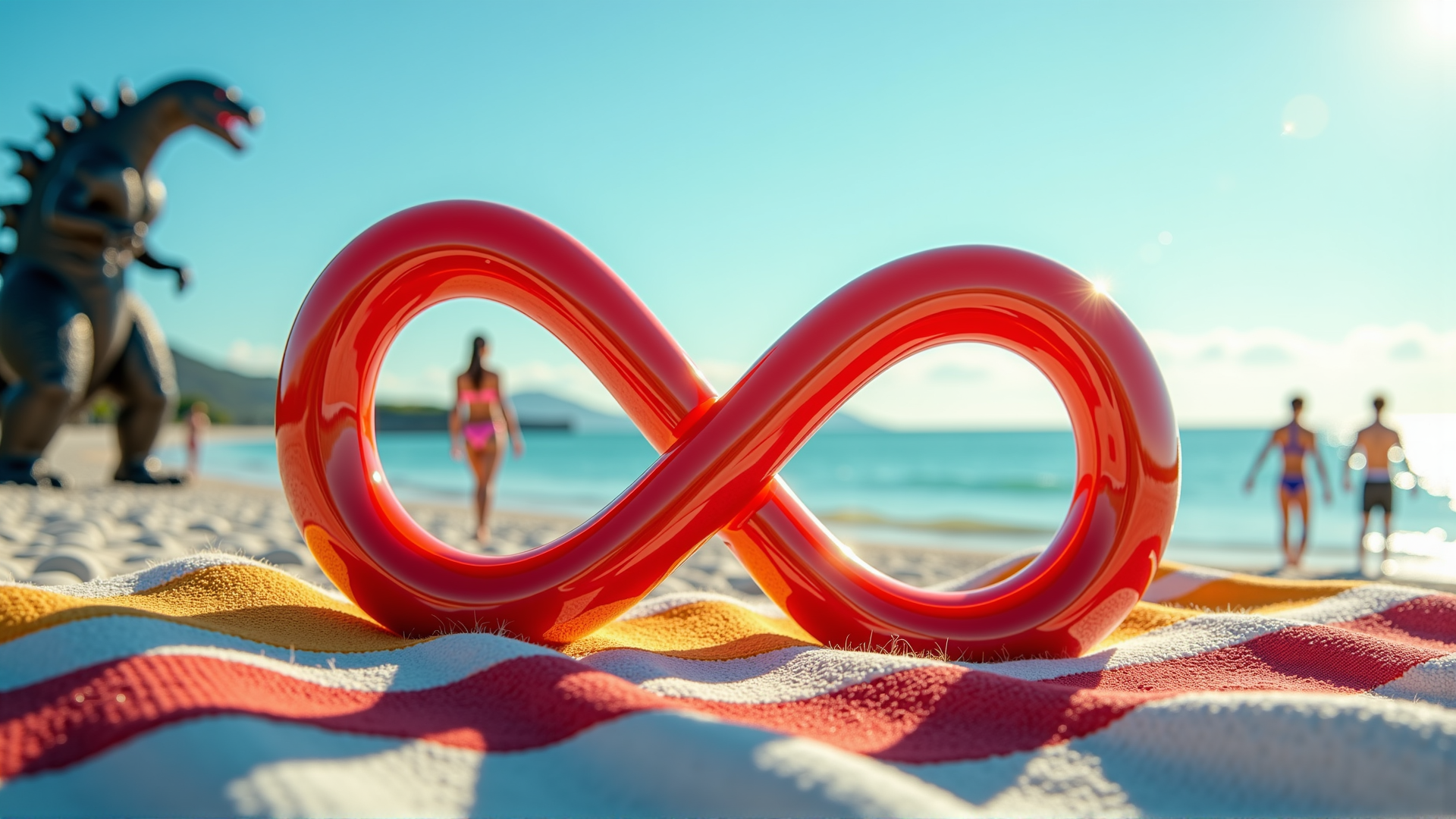 AI generated wallpaper featuring infinity symbol, beach, dinosaur
