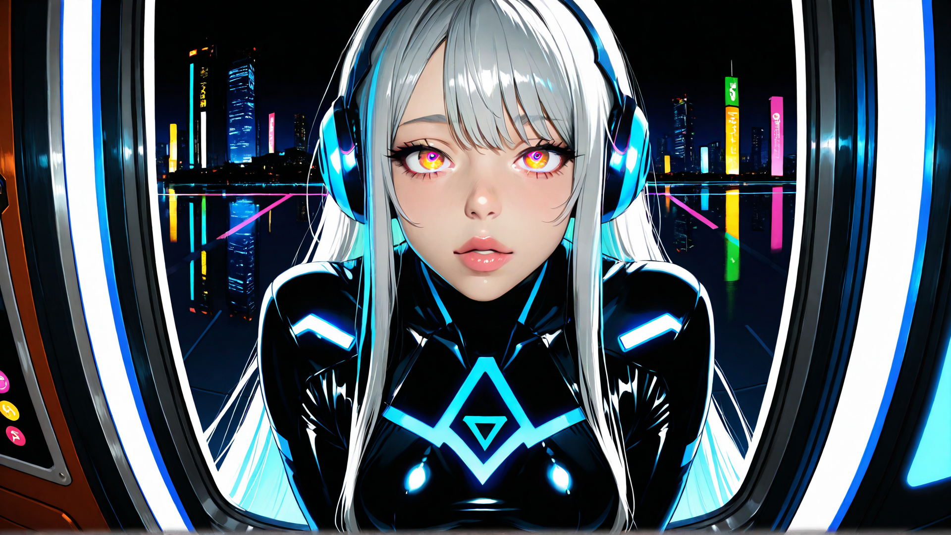 AI generated wallpaper featuring cyberpunk, girl, headphones, neon, cityscape, futuristic, anime, glow, digital, reflection