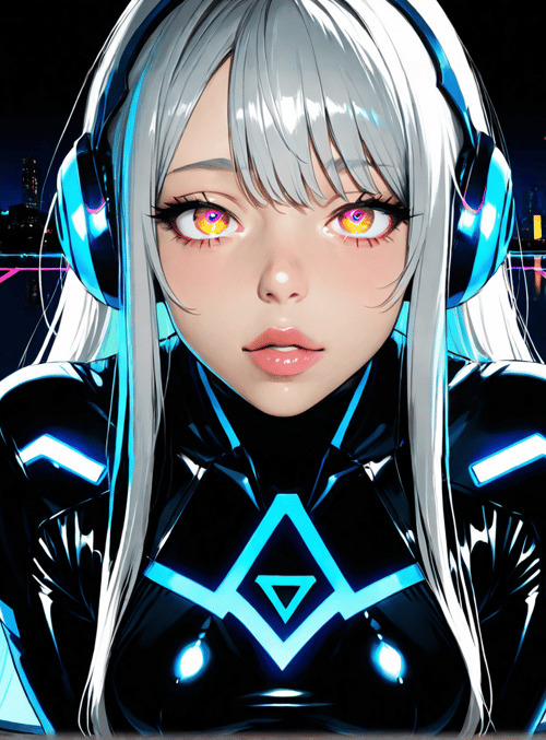 cyberpunk, girl, headphones, neon, cityscape, futuristic, anime, glow, digital, reflection