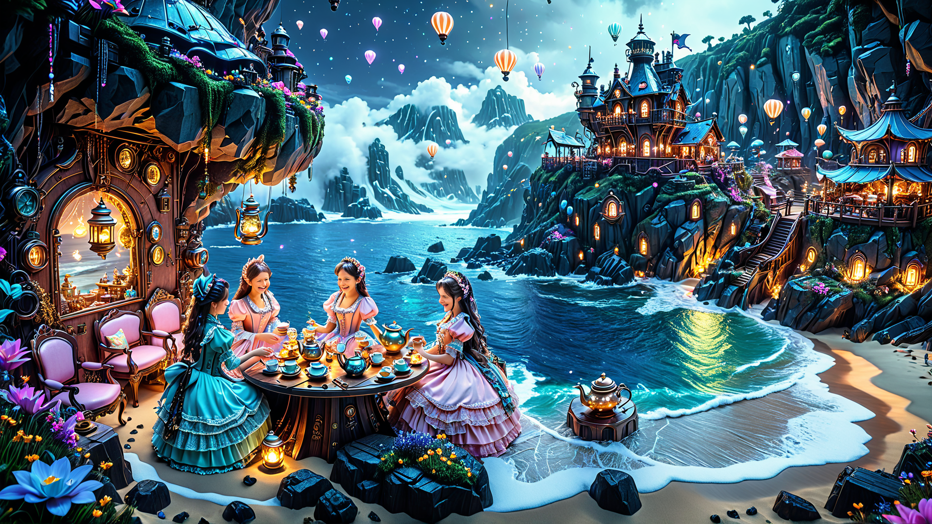 AI generated wallpaper featuring girls, teapot, castle