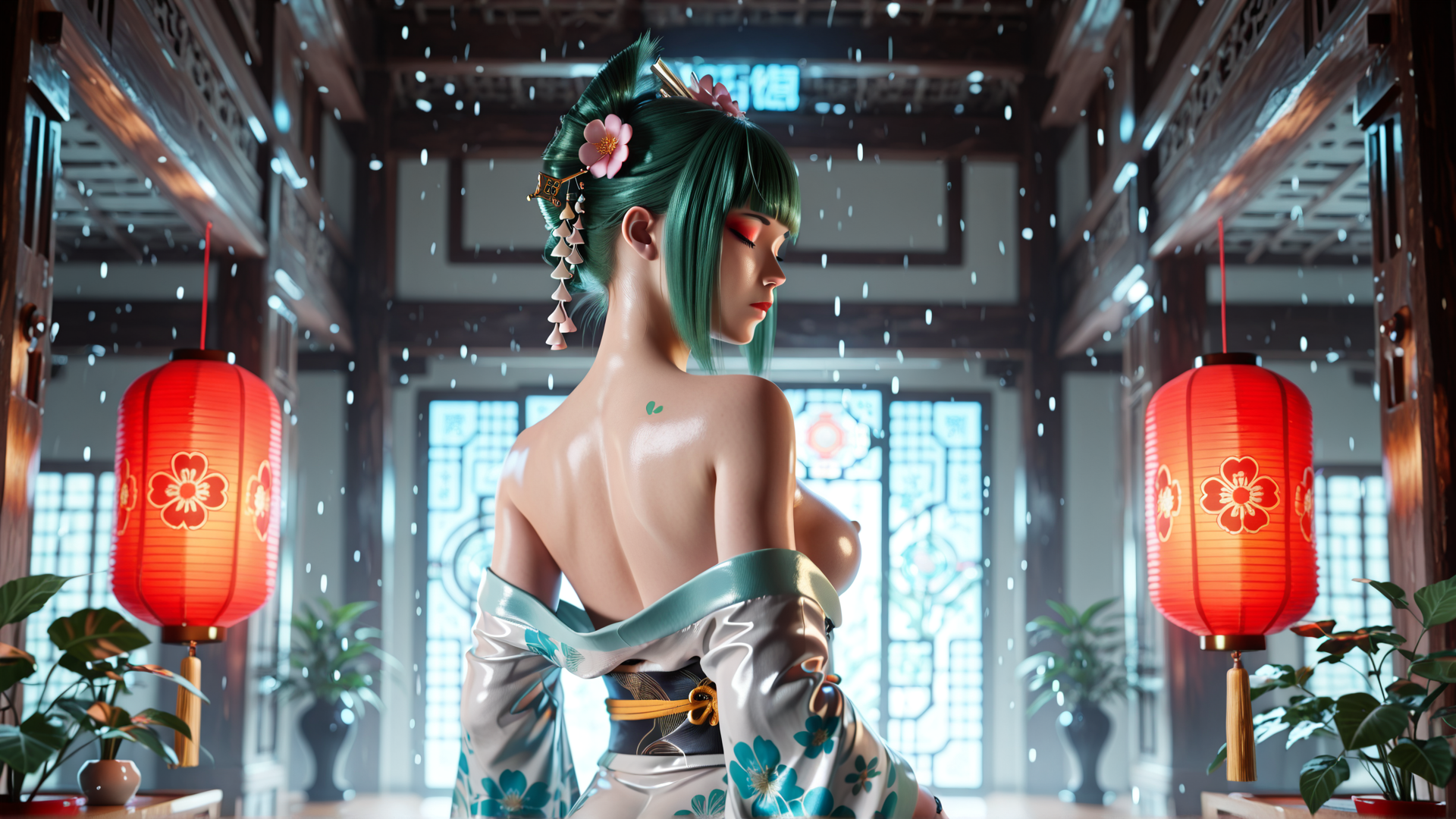 AI generated wallpaper featuring geisha, green hair, kimono, lanterns, cherry blossom