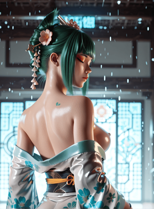 geisha, green hair, kimono, lanterns, cherry blossom