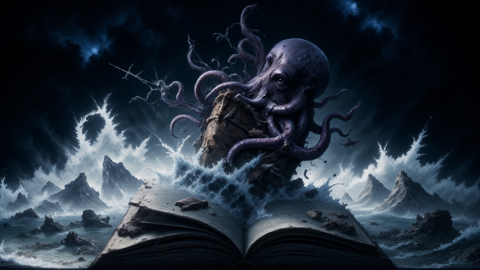 AI generated wallpaper featuring octopus, book, ocean, mountain, cloud, waves
