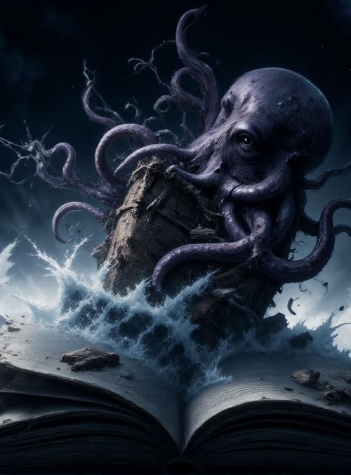 octopus, book, ocean, mountain, cloud, waves