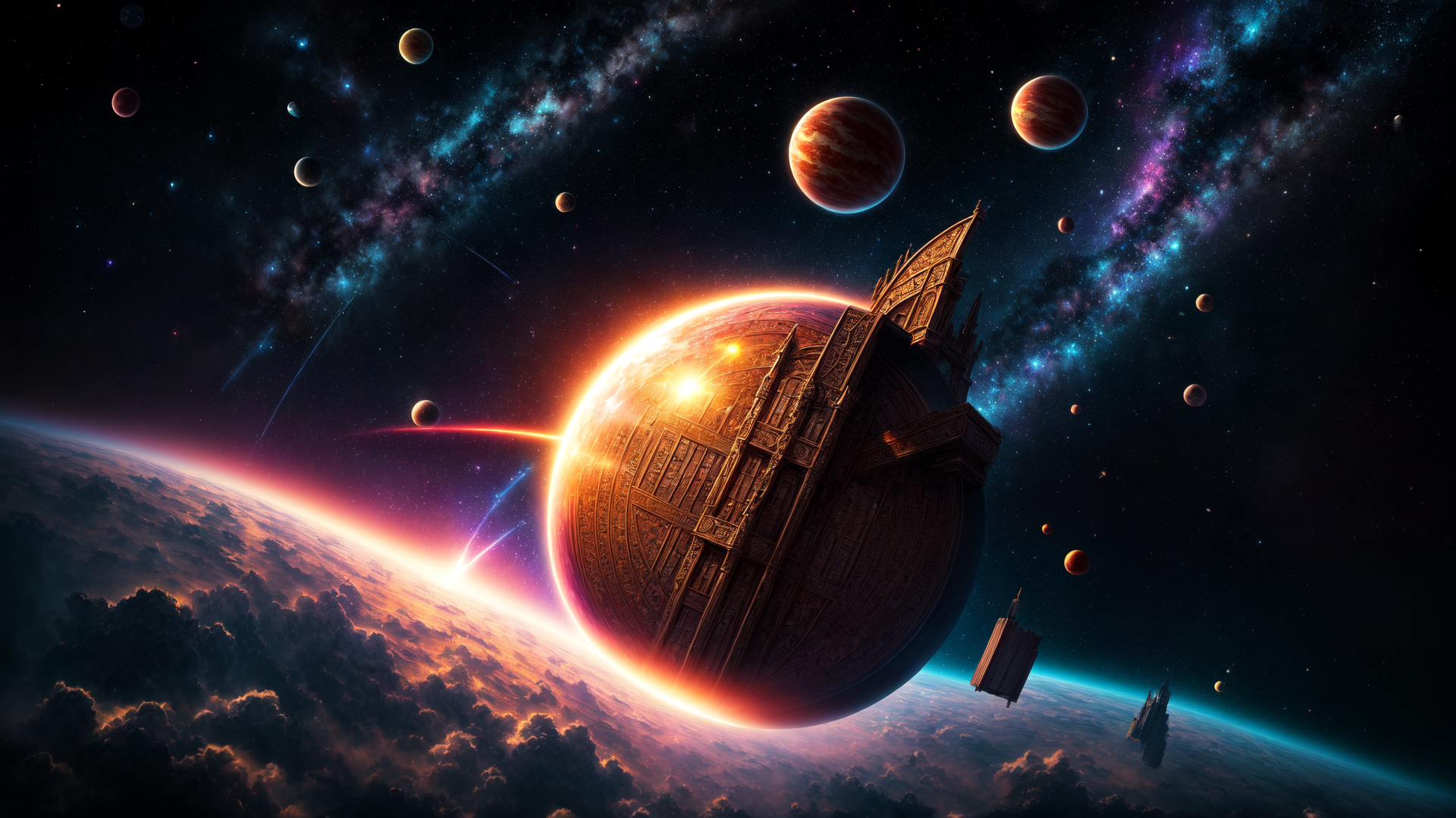 AI generated wallpaper featuring space station, planets, galaxy