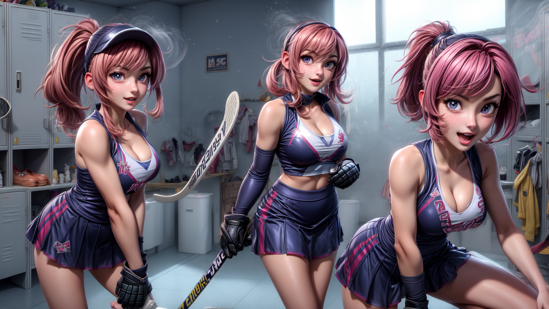 AI generated wallpaper featuring hockey player, female athlete, sports uniform, hockey stick, locker room