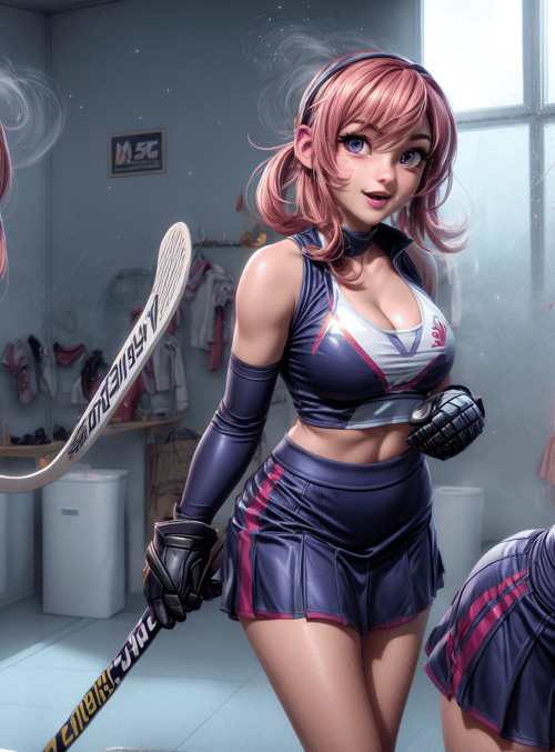 hockey player, female athlete, sports uniform, hockey stick, locker room