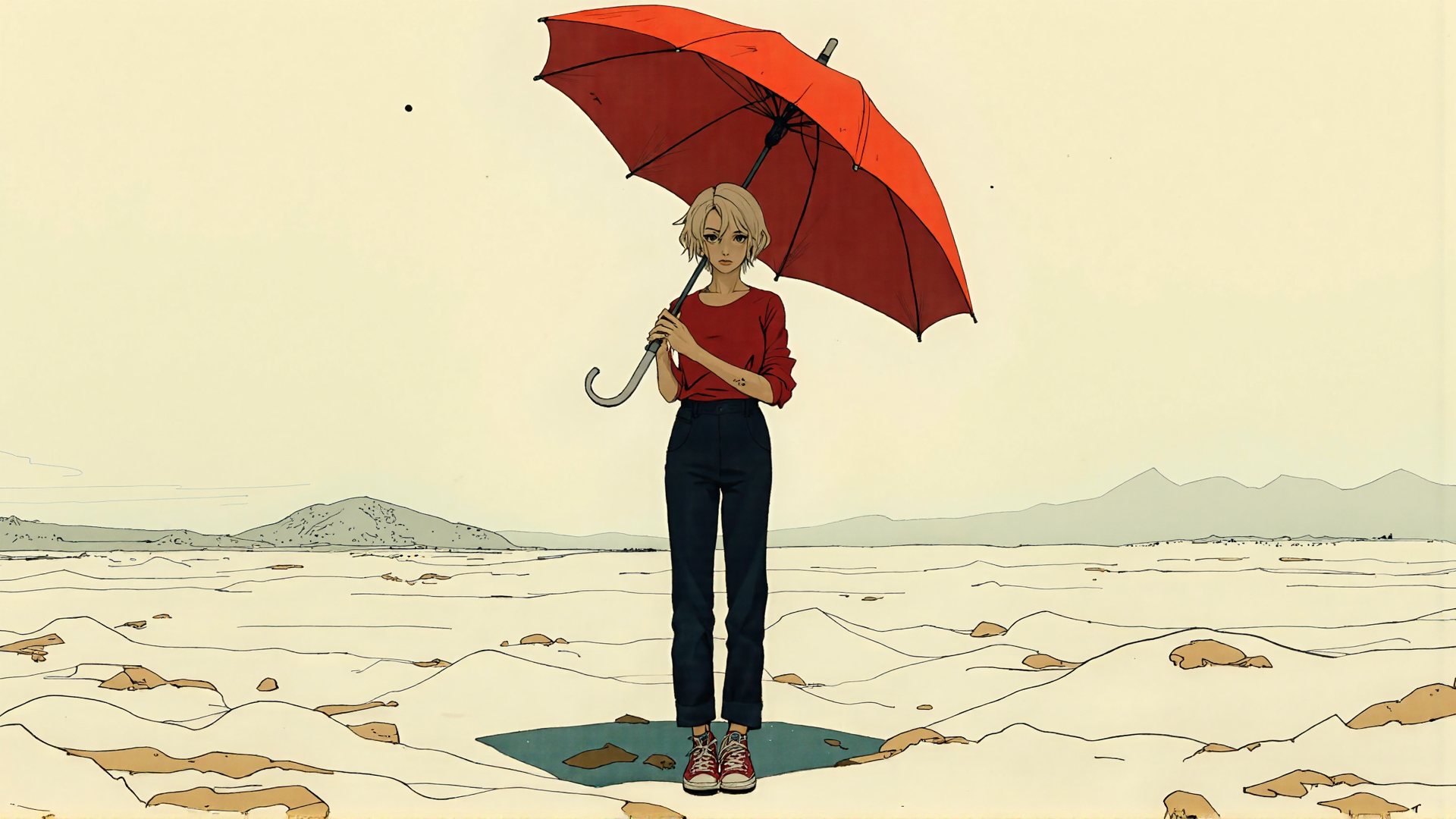 AI generated wallpaper featuring woman, umbrella, desert