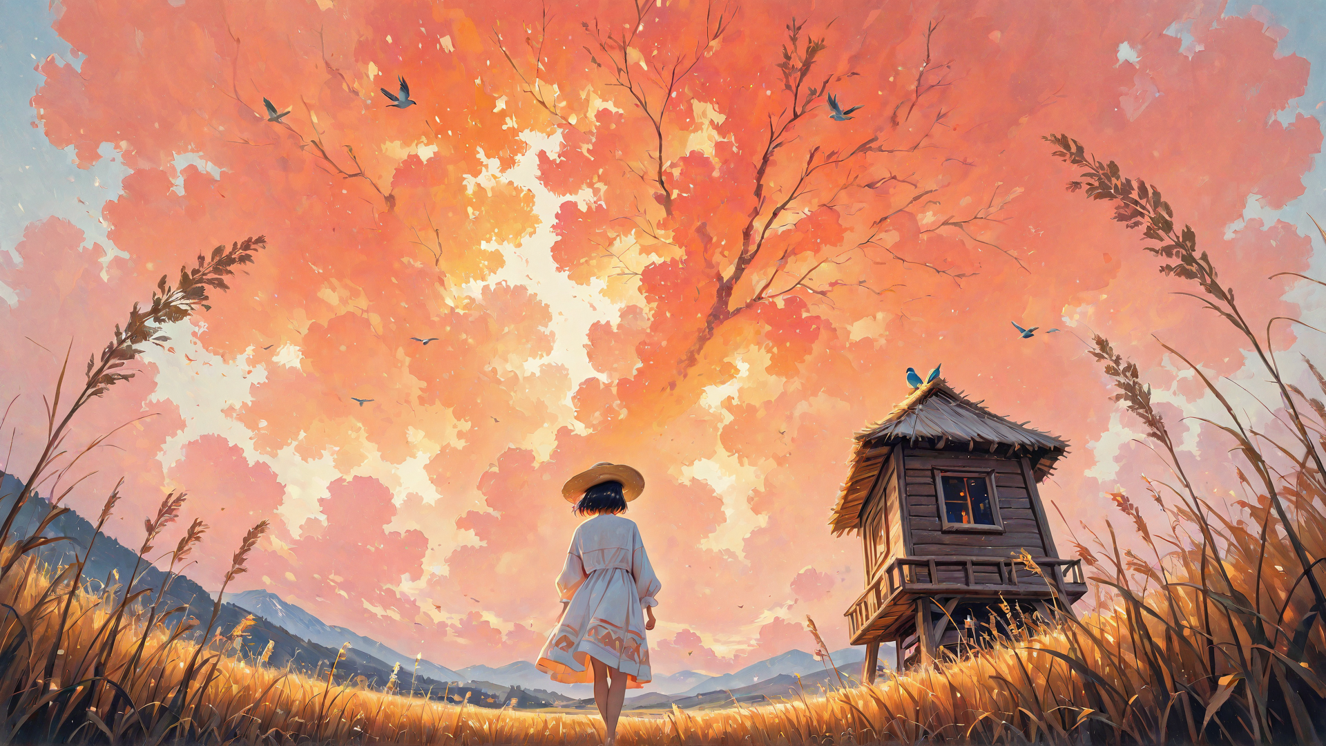 AI generated wallpaper featuring woman, tree, birdhouse