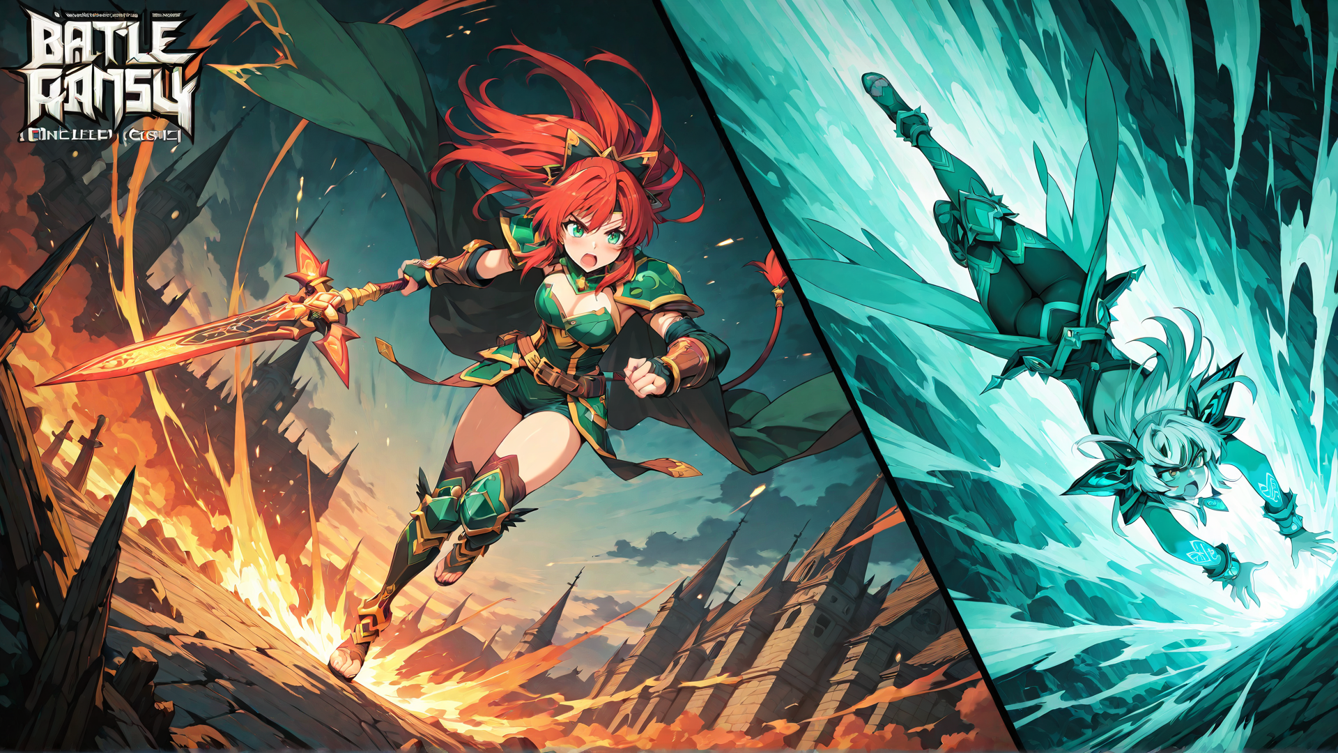 AI generated wallpaper featuring sword, character, flying, girl, dragon, heroine, armor, magic, battle, art