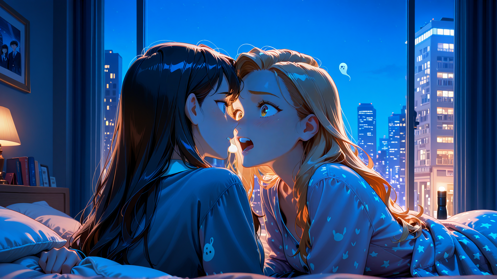 AI generated wallpaper featuring girls, bedroom, city