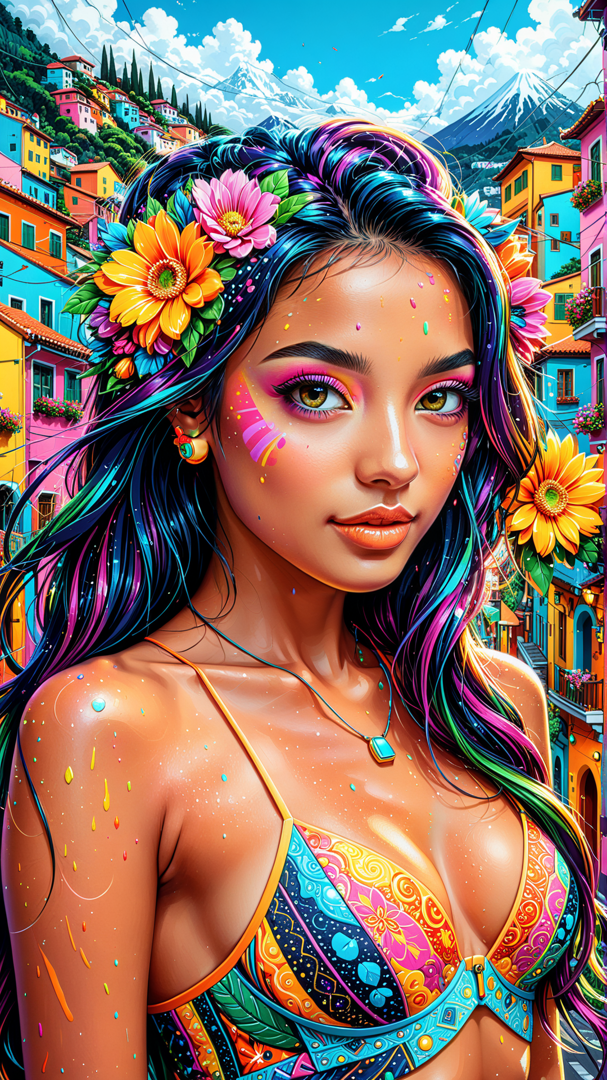 AI generated wallpaper featuring woman, flowers, bikini, mountain, town