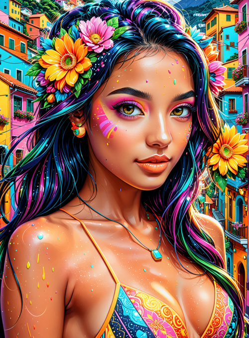 woman, flowers, bikini, mountain, town