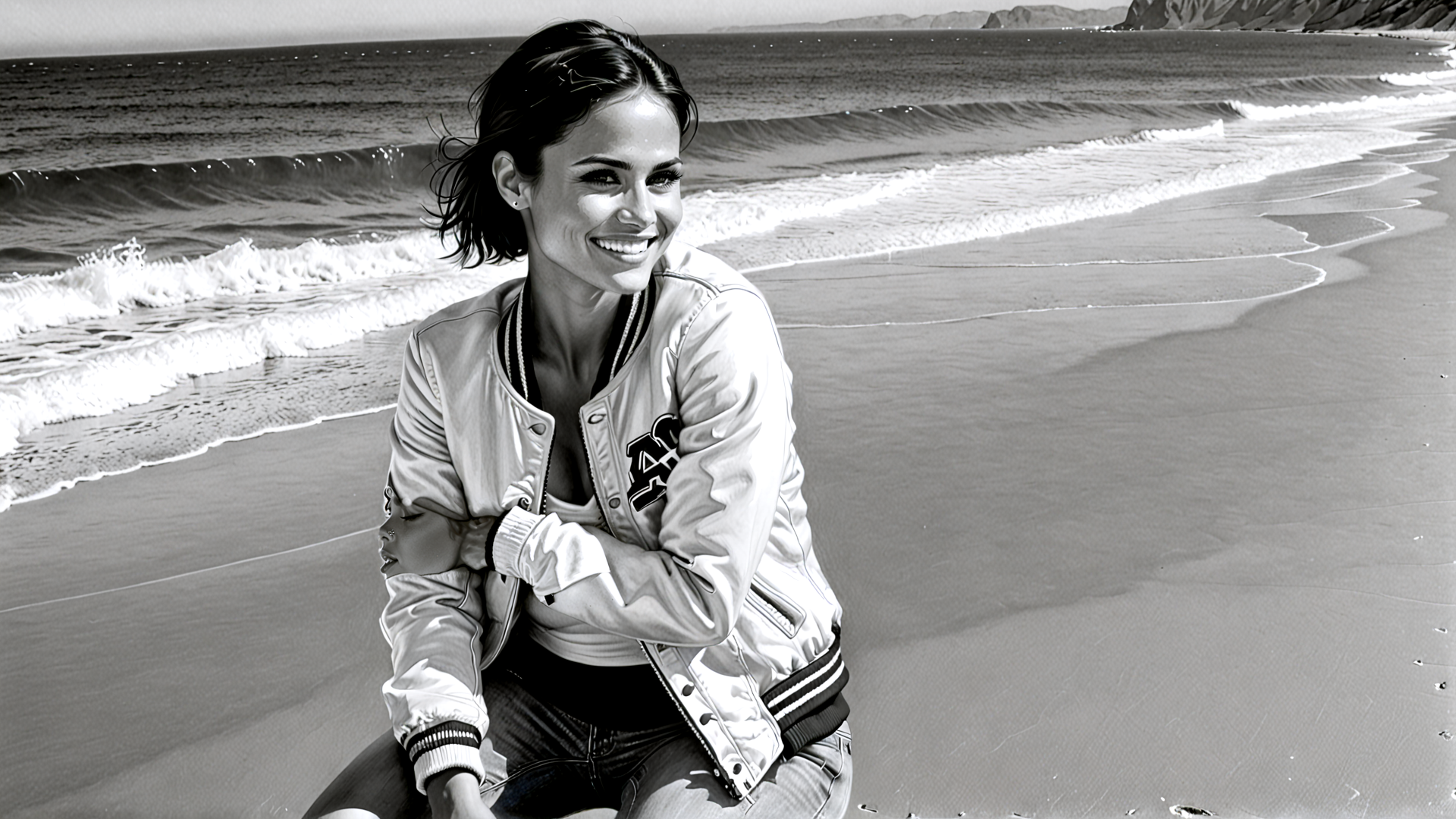AI generated wallpaper featuring woman, beach, waves, jacket, jeans