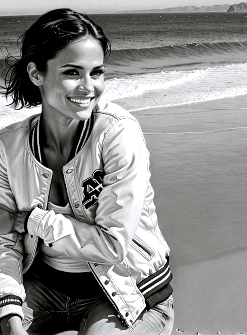 woman, beach, waves, jacket, jeans