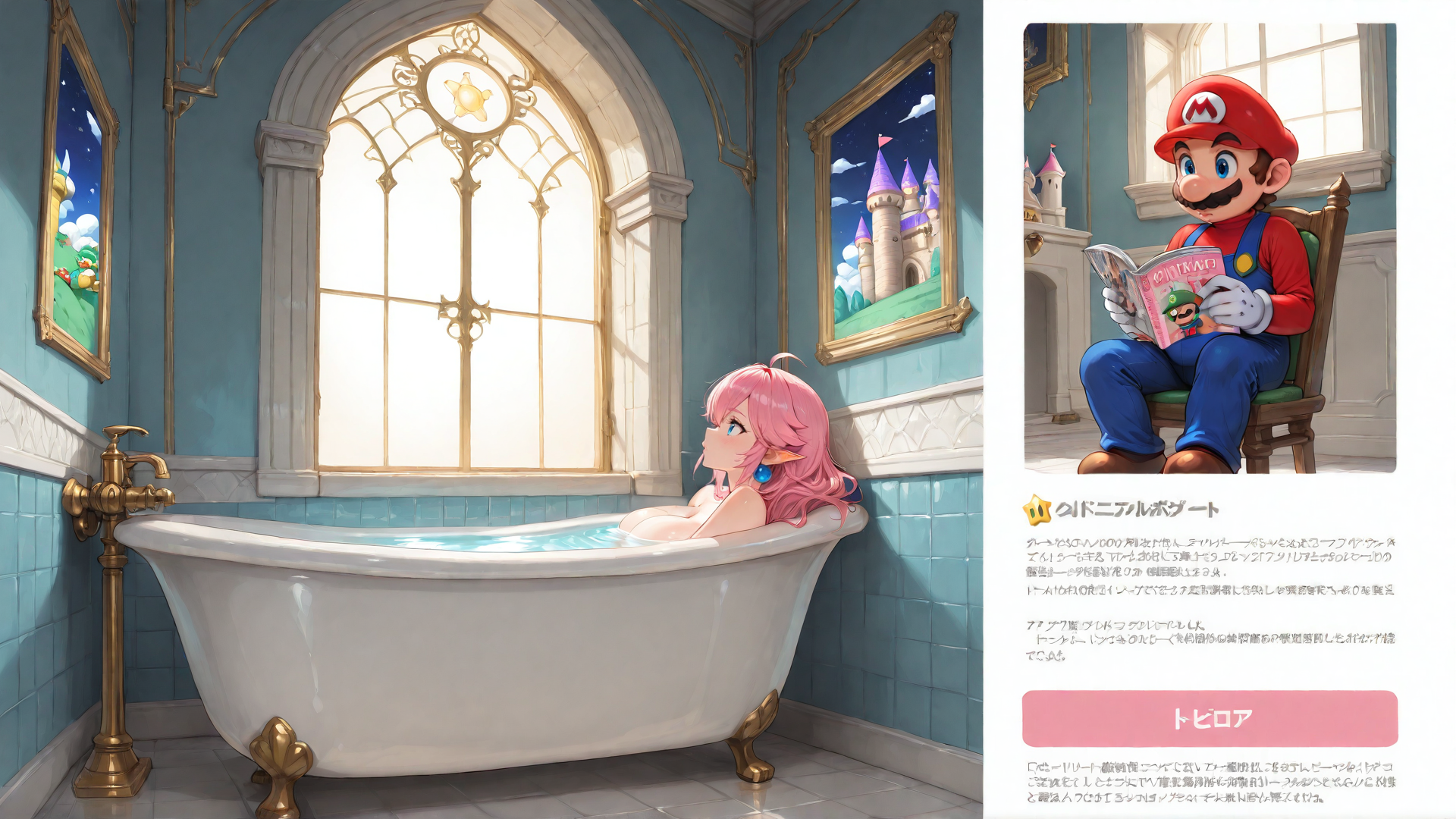AI generated wallpaper featuring bathtub, girl, mario, castle, window, magazine, painting, tiles, chair, elven