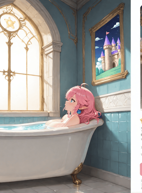 bathtub, girl, mario, castle, window, magazine, painting, tiles, chair, elven