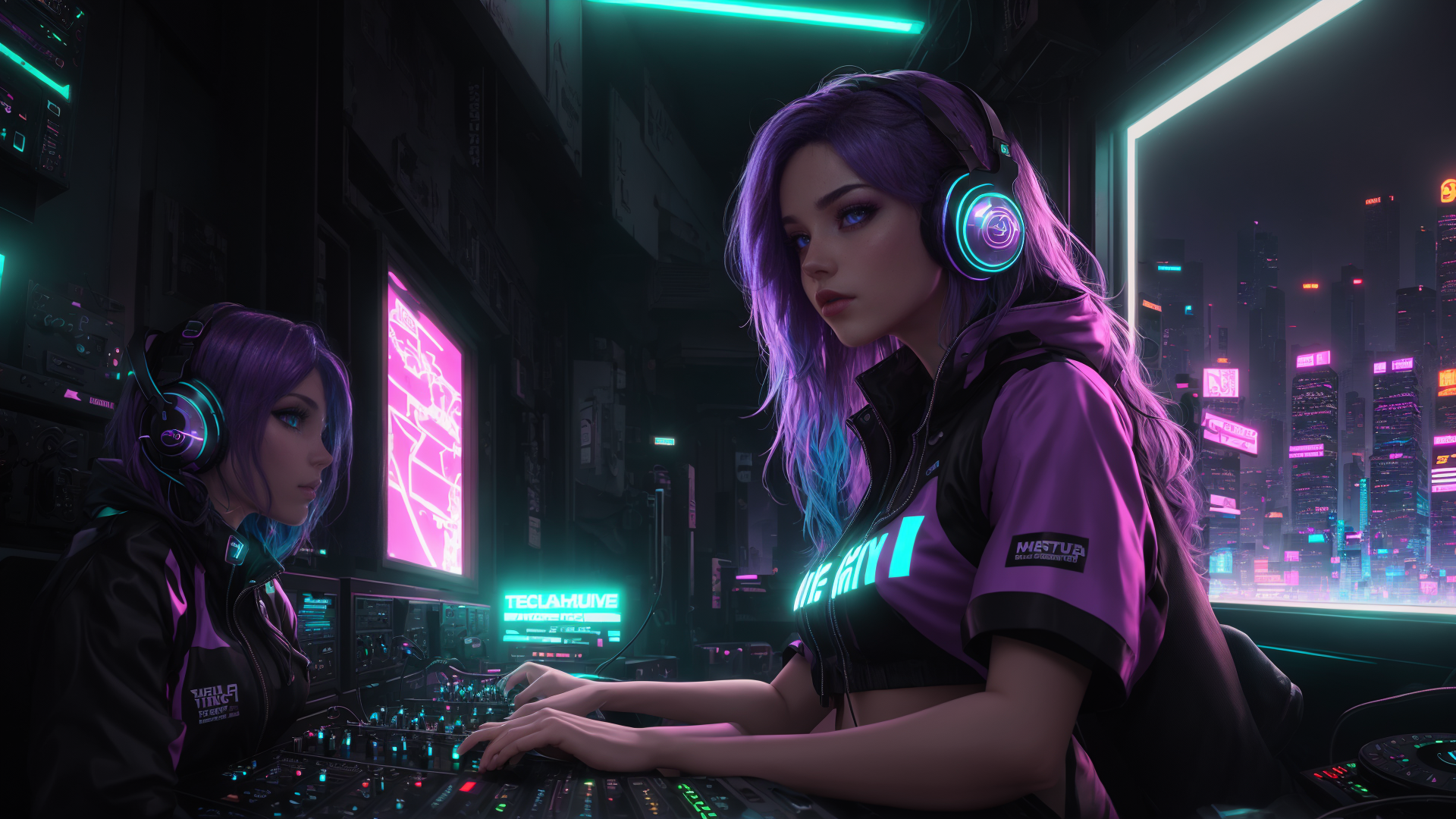 AI generated wallpaper featuring women, gamers, cyberpunk