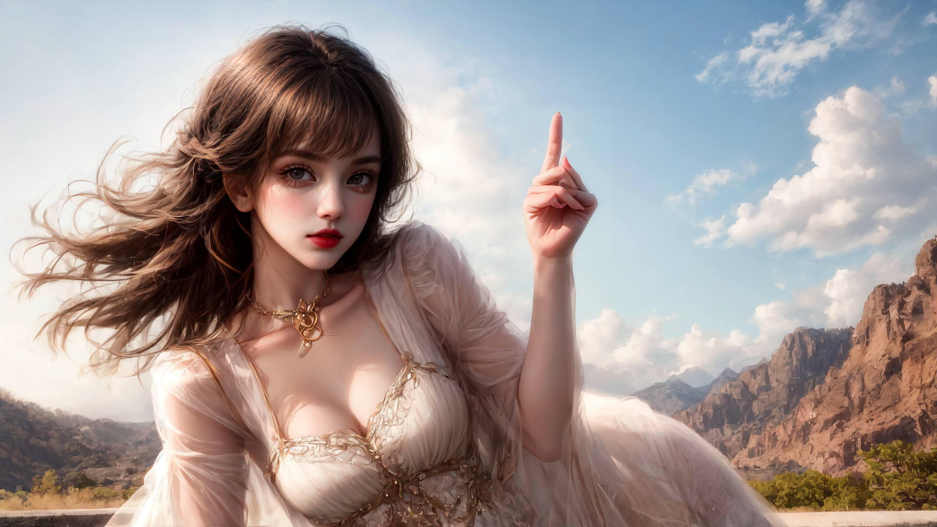 AI generated wallpaper featuring woman, dress, mountains
