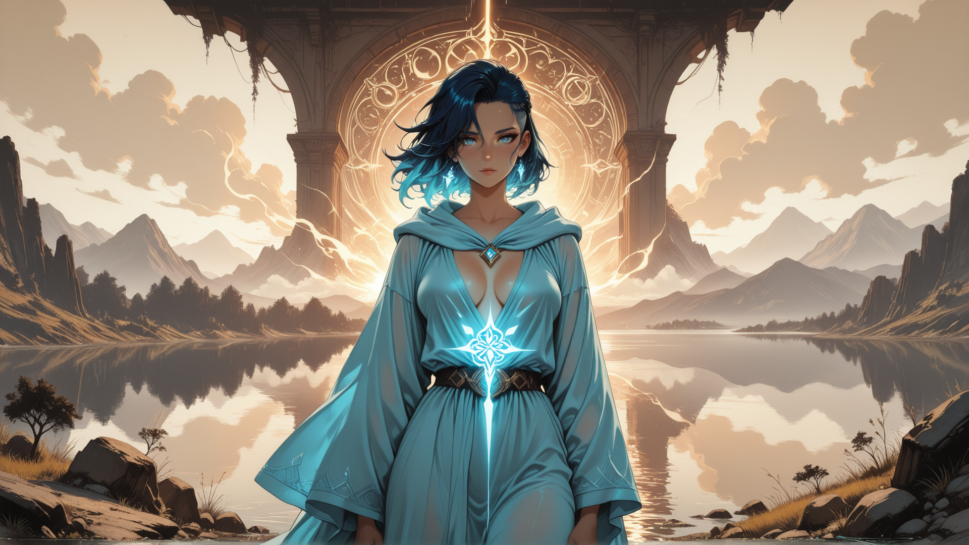 AI generated wallpaper featuring woman, mage, wizard, sorceress, magic, arch, lake, mountain, cloud, light