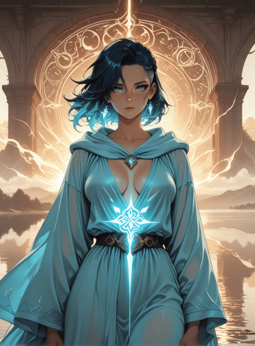 woman, mage, wizard, sorceress, magic, arch, lake, mountain, cloud, light