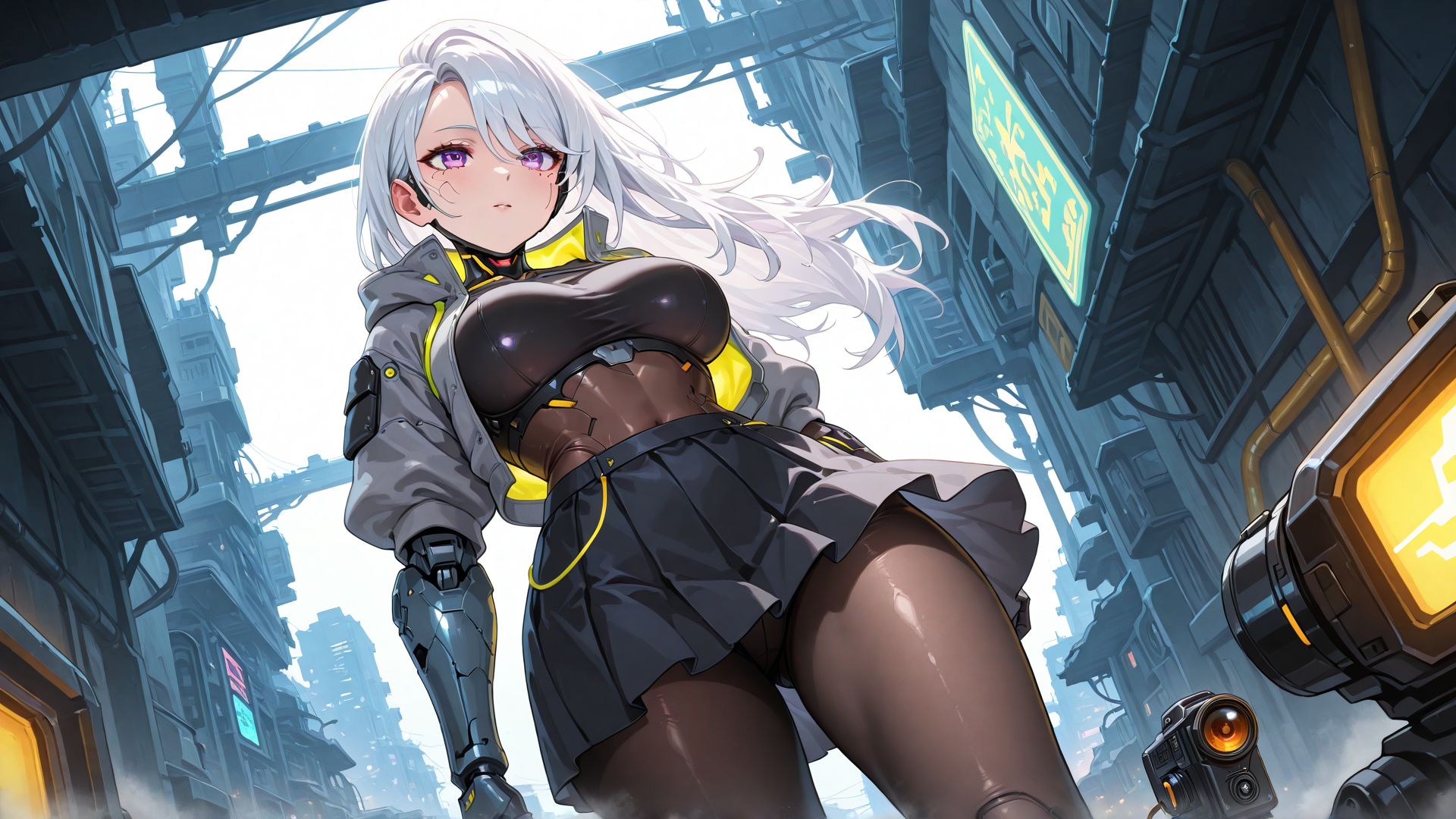 AI generated wallpaper featuring cyborg, girl, neon, urban, futuristic