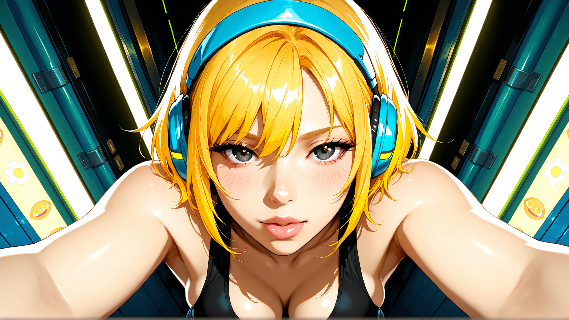 AI generated wallpaper featuring girl, headphones, blonde, sweat, swimwear, selfie, background, doors, flowers, emoji