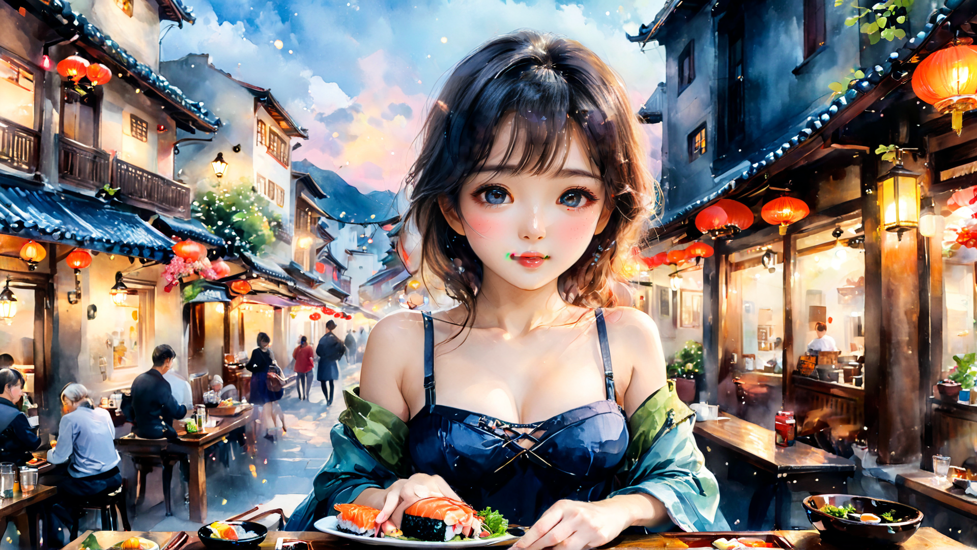 AI generated wallpaper featuring woman, street, sushi