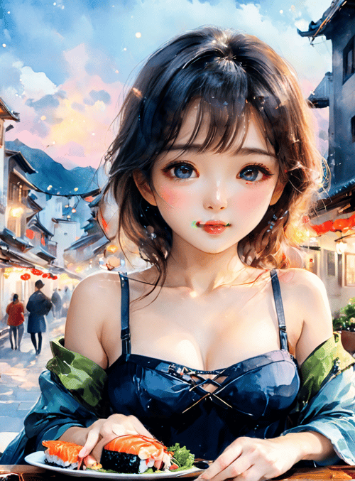 woman, street, sushi