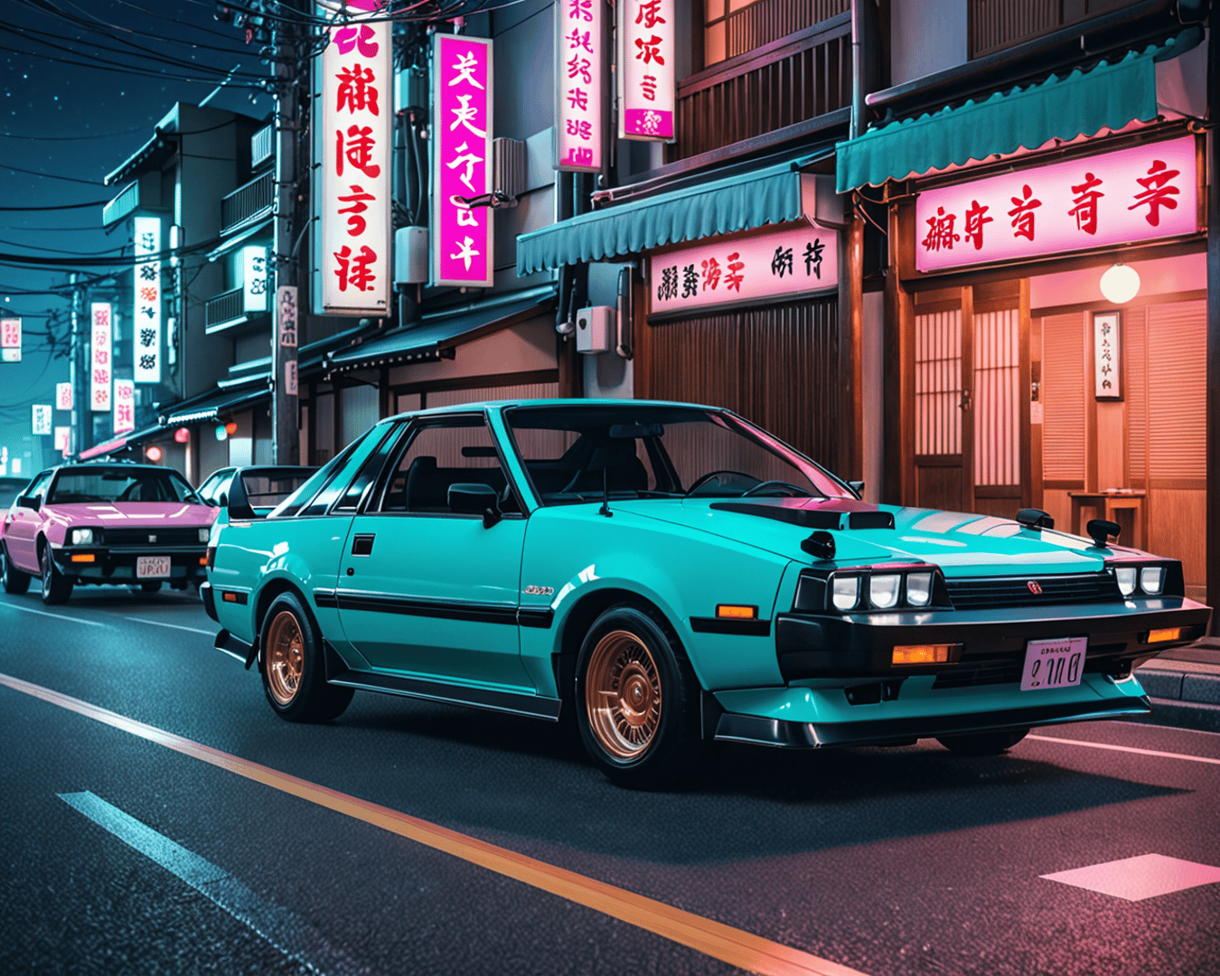 AI generated wallpaper featuring car, street, signs