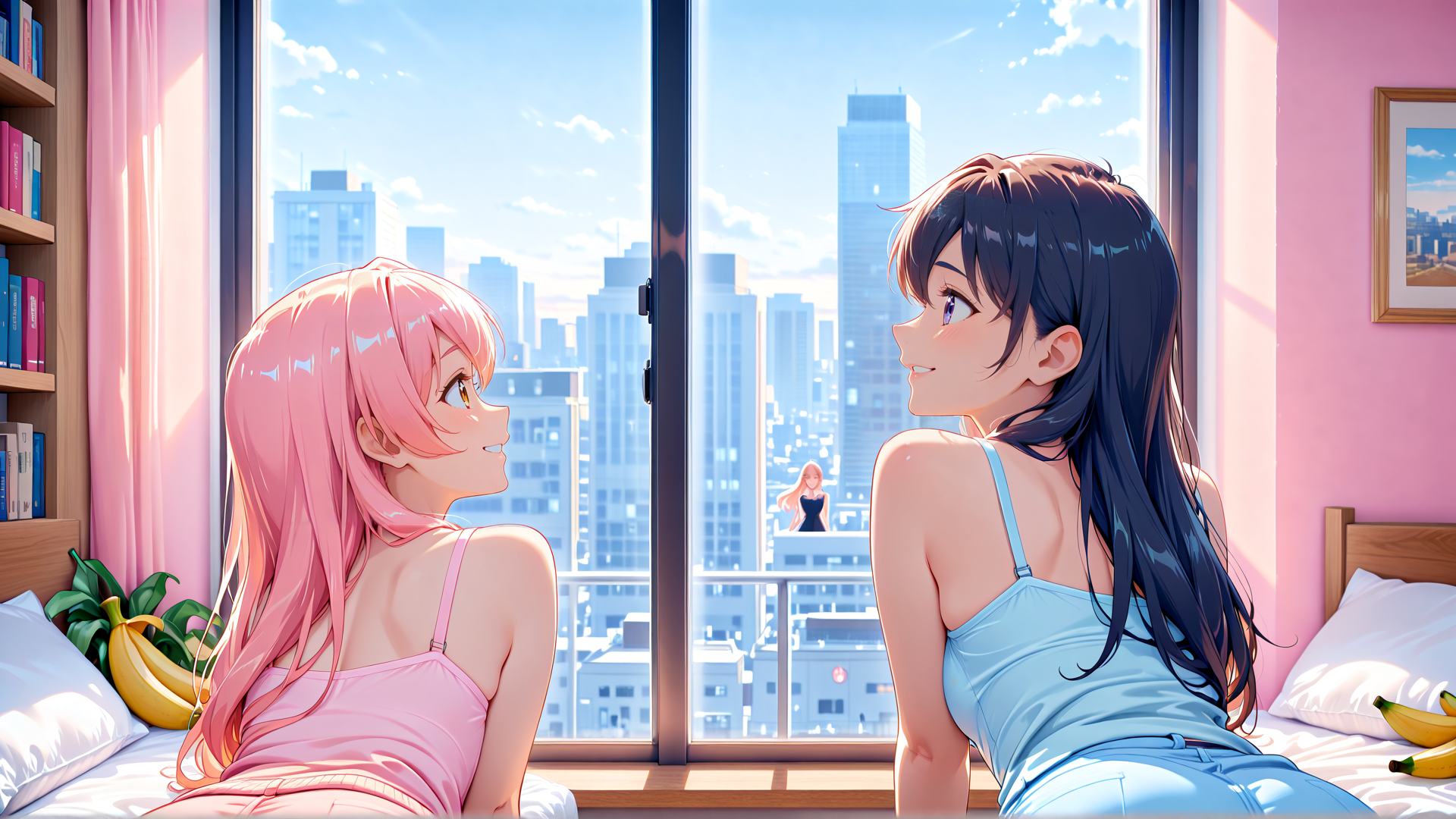 AI generated wallpaper featuring girls, cityscape, bedroom