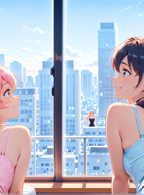 girls, cityscape, bedroom