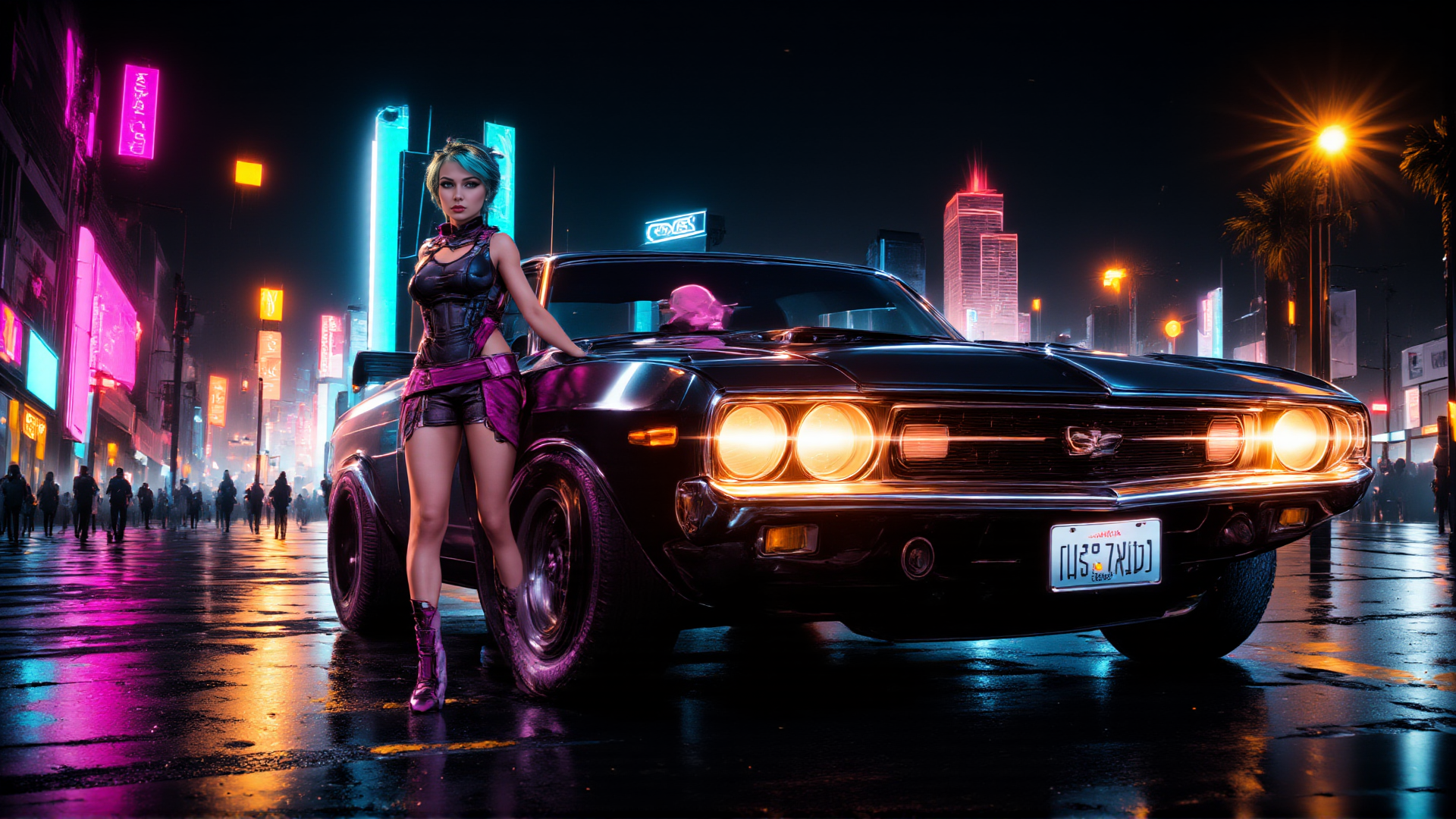 AI generated wallpaper featuring woman, car