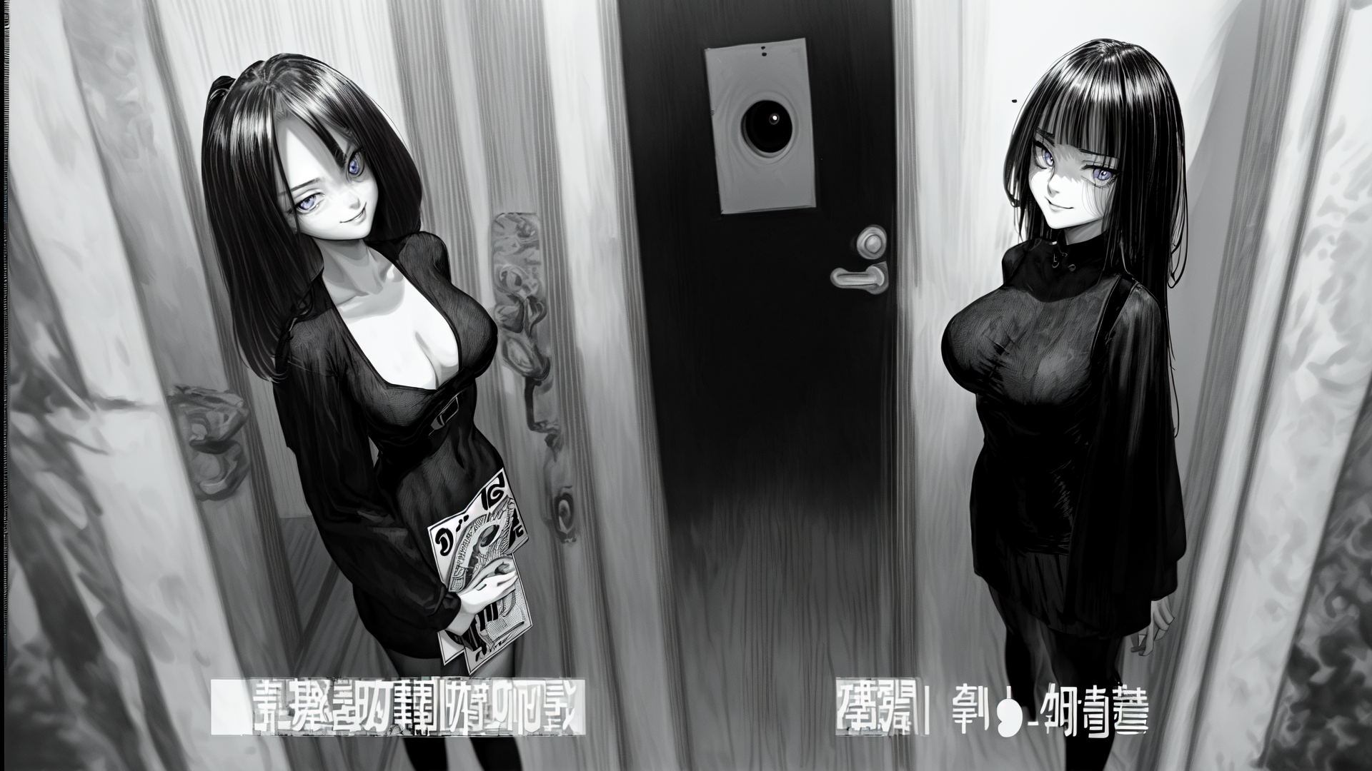 AI generated wallpaper featuring woman, door, card