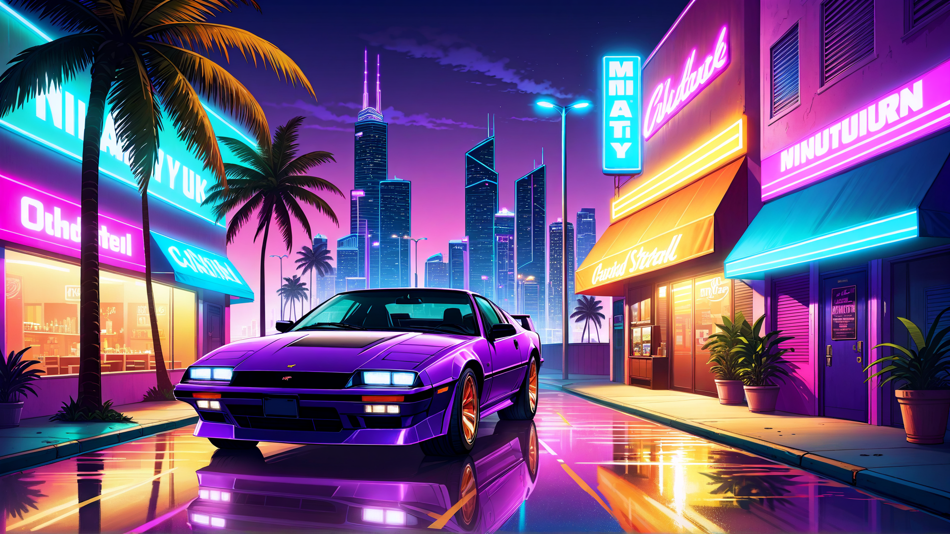 AI generated wallpaper featuring car, city, palm tree, neon sign, building