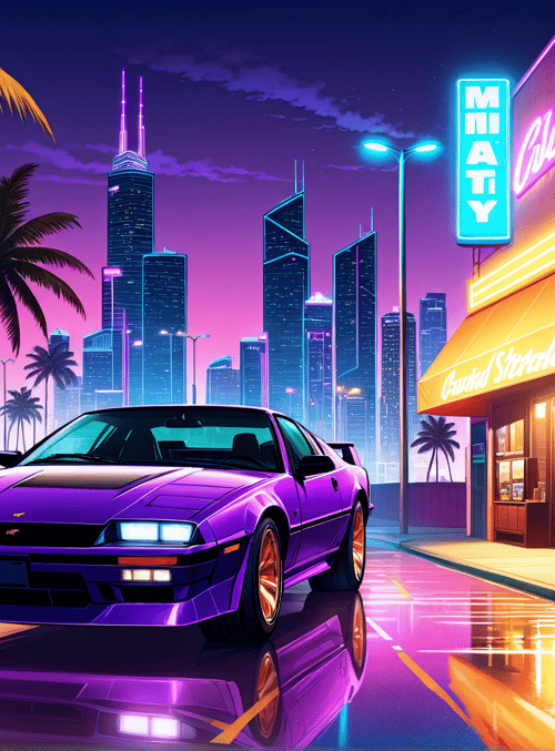 car, city, palm tree, neon sign, building