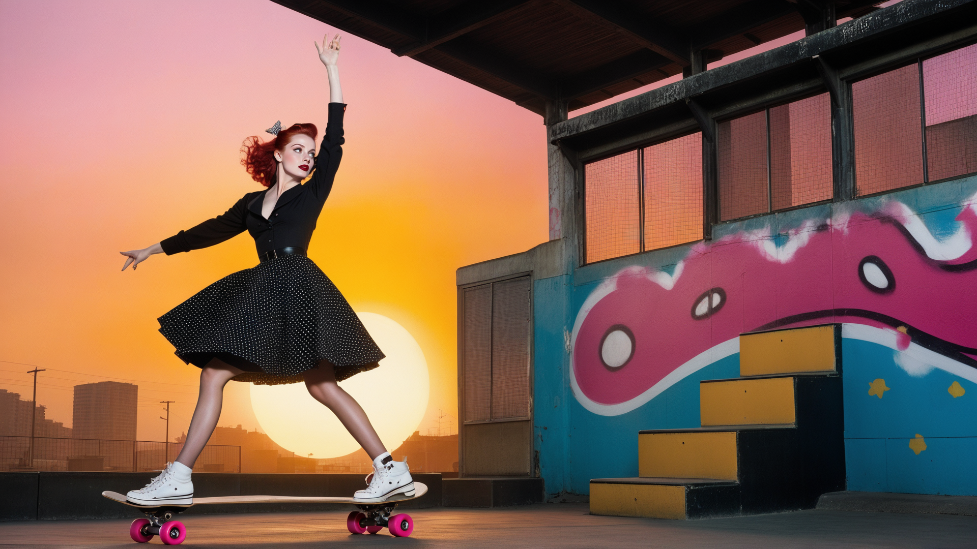 AI generated wallpaper featuring skateboarder, woman, sunset, graffiti, skatepark