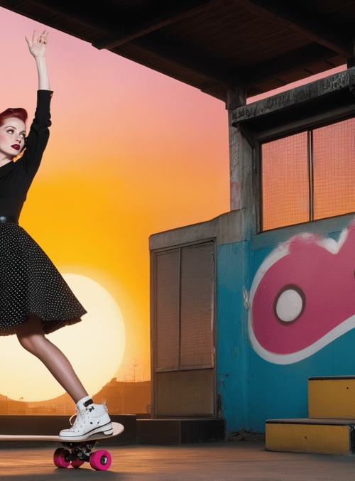 skateboarder, woman, sunset, graffiti, skatepark