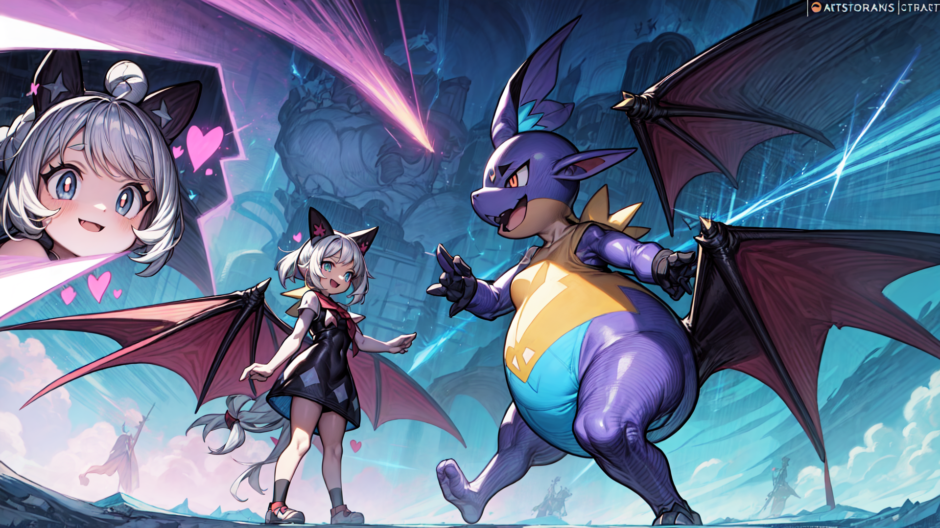 AI generated wallpaper featuring girl, dragon, bat wings