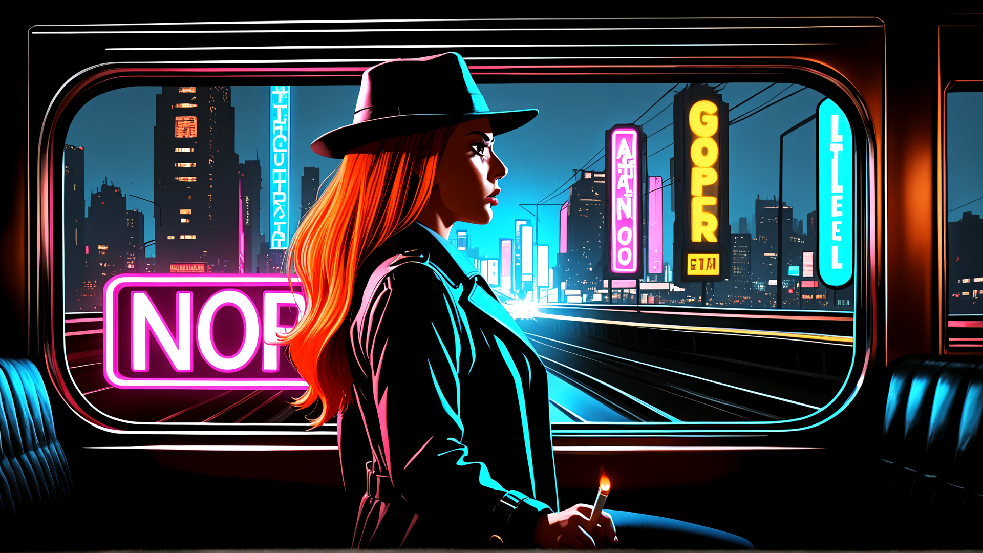 AI generated wallpaper featuring woman, train, cityscape, neon, signs, hat, cigarette, buildings, sunset, railway