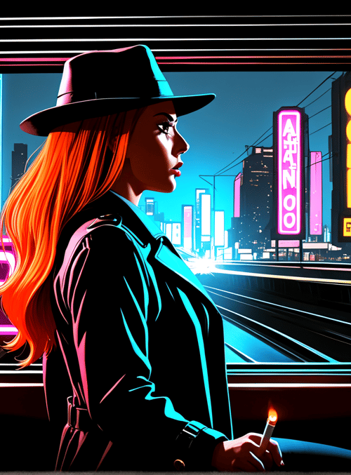 woman, train, cityscape, neon, signs, hat, cigarette, buildings, sunset, railway