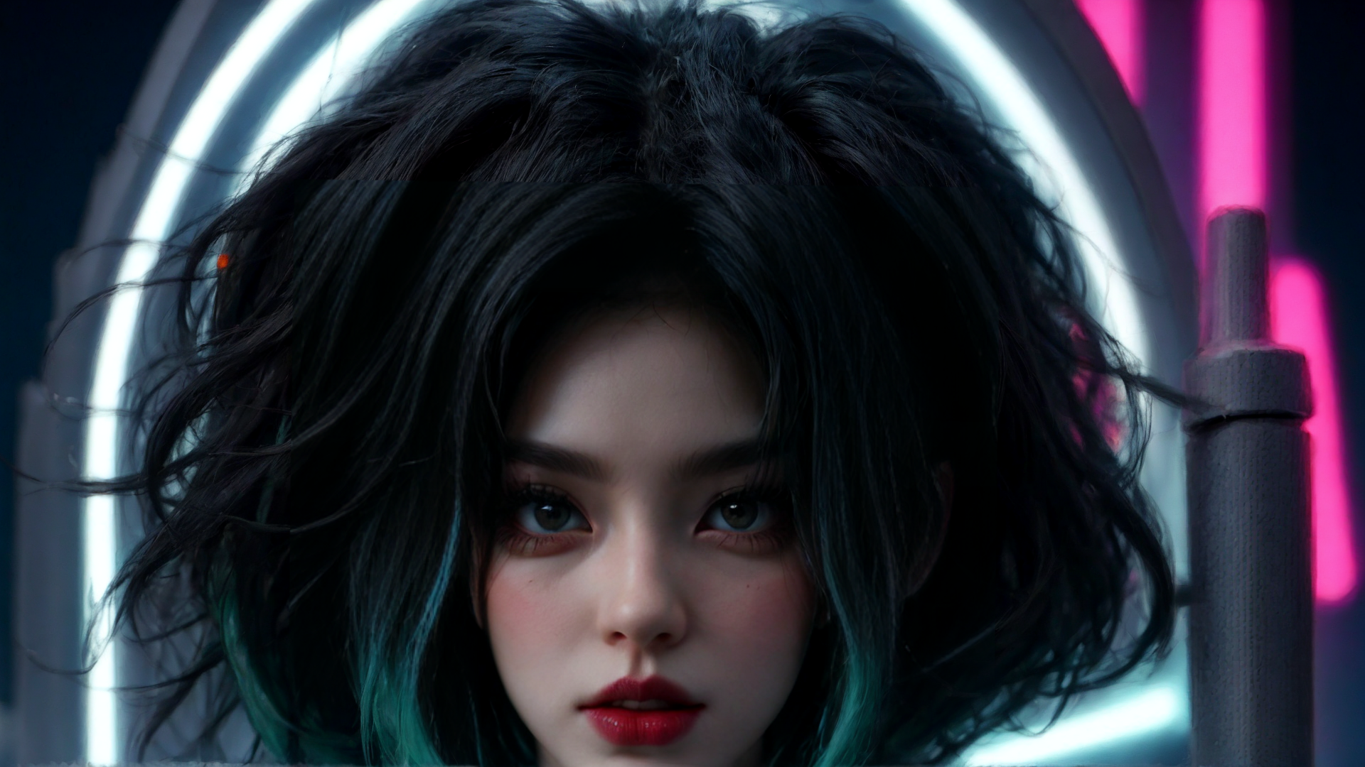 AI generated wallpaper featuring woman, hair, neon