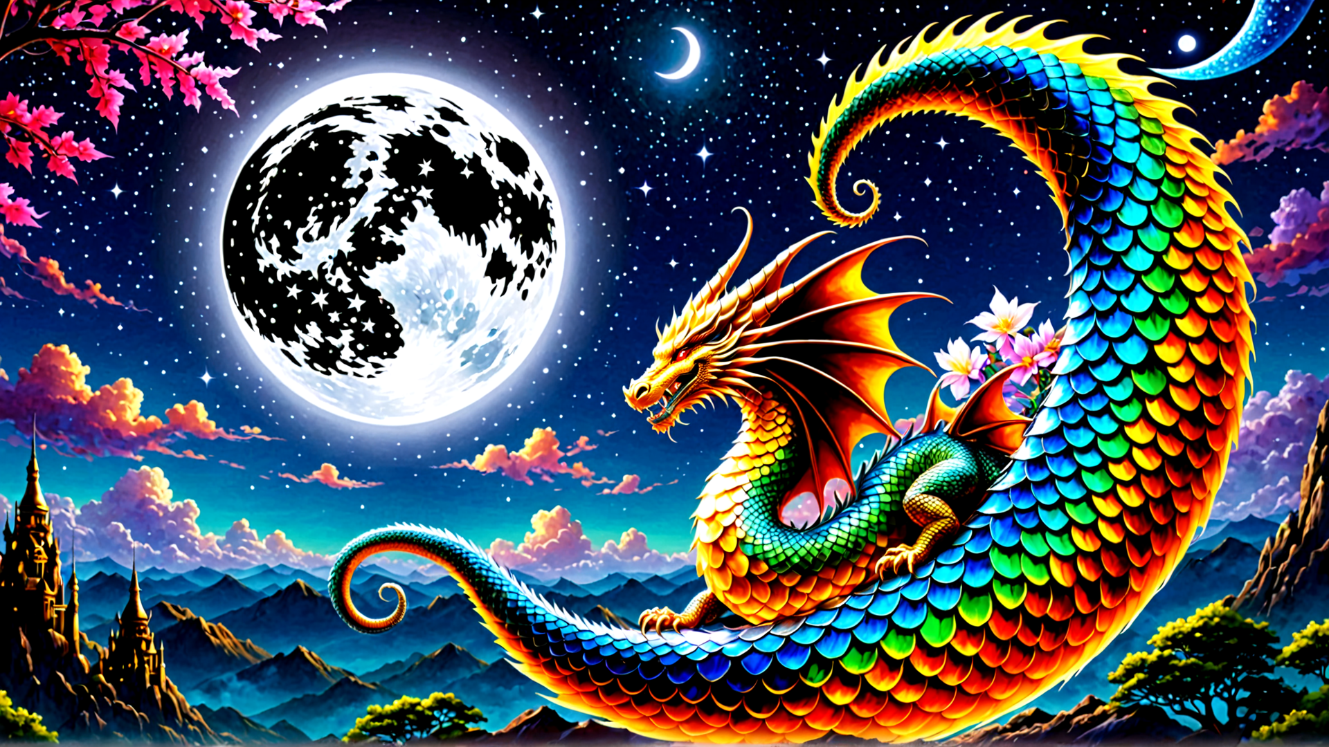 AI generated wallpaper featuring dragon, moon, castle, flowers, mountains, stars, clouds