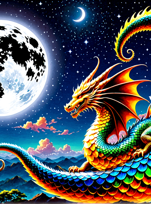 dragon, moon, castle, flowers, mountains, stars, clouds