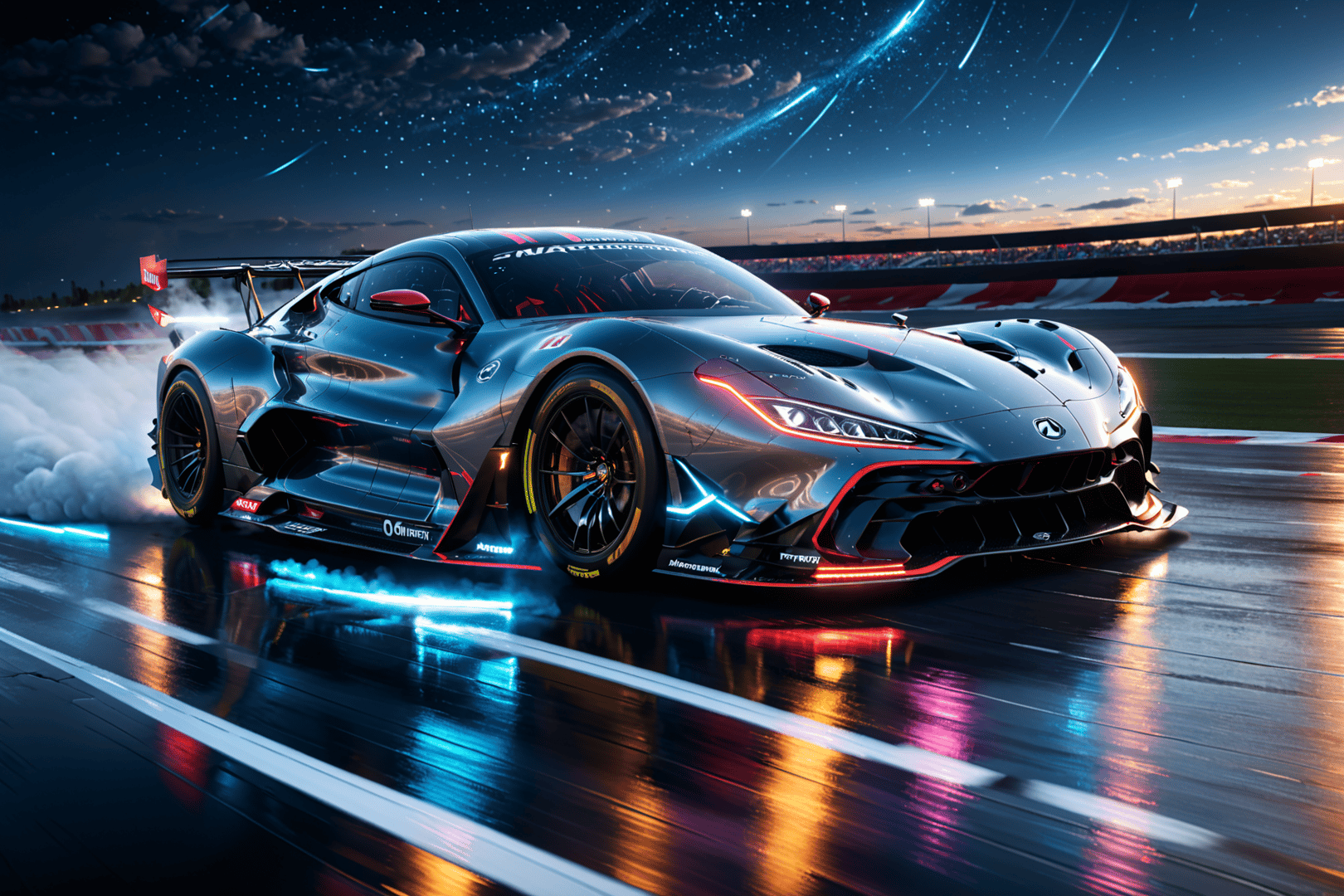 AI generated wallpaper featuring sports car, race track, night sky
